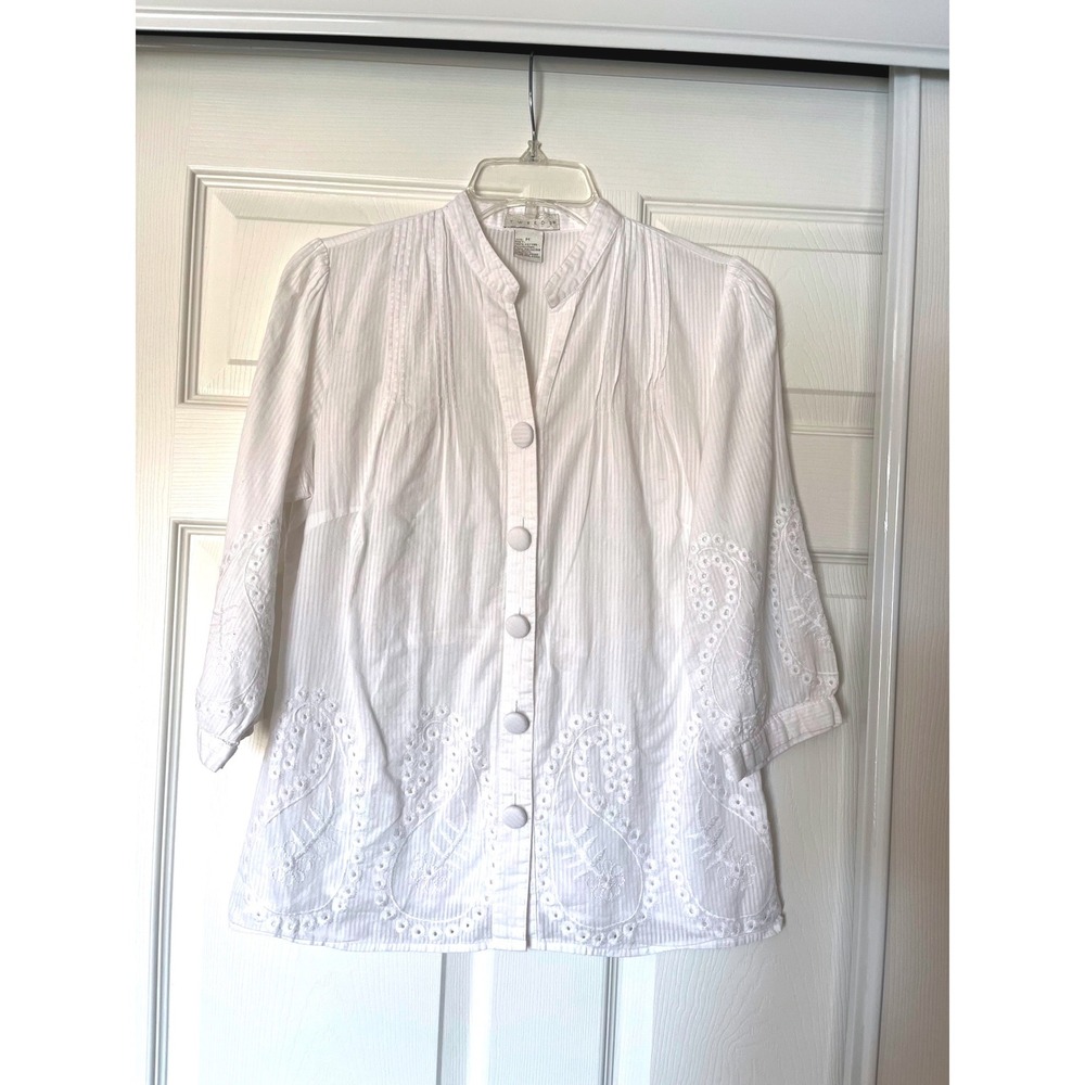 Tweeds Womens White Cotton Eyelet Paisley Embroidered Mandarin Collar Blouse M